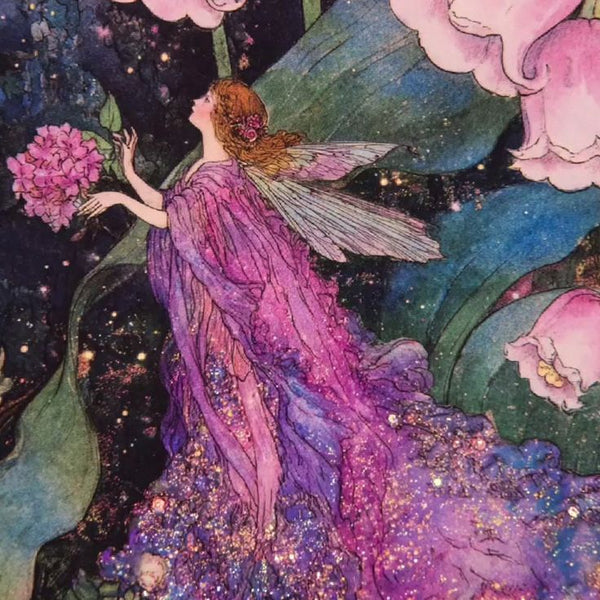 Fairy in a purple dress among pink flowers with a dark, starry background